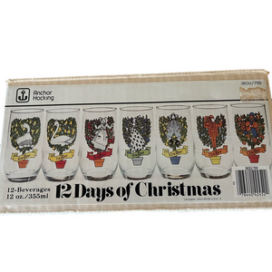 Vintage original box Set 12 Vintage Anchor Hocking 12 Days of Christmas Glasses